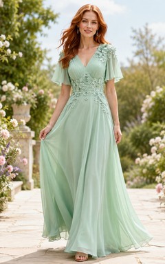 Mint Green V-Neck Flutter Sleeve Floral Chiffon A-Line Floor-Length Gown