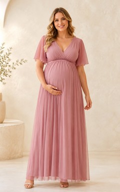 Vestido de maternidad largo hasta el suelo, color rosa empolvado, con escote en V, manga corta, pliegues de pétalos de gasa, corte imperio y silueta en A.