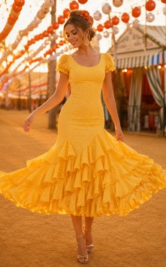 Robe Feria mi-longue sirène à imprimé jonquilles, col carré et manches papillon