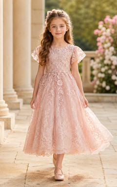 Flower Girl Dress Blush Lace Tulle A-Line Scoop Neck Tea Length