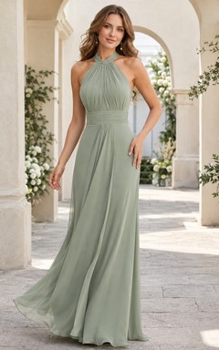 Sage Halter-Neck Sleeveless Ruched Chiffon A-Line Floor-Length Gown