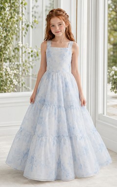 Vestido de niña de flores con volantes y estampado acuarela, de organza, corte en A, sin mangas, escote cuadrado, largo hasta el suelo, falda escalonada con detalle de volantes.