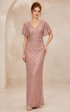 Dusty Rose Sequin Flutter Sleeve Evening Dress
