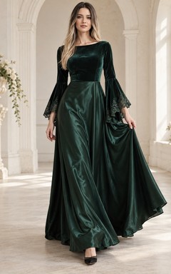 Elegantes Brautjungfernkleid mit langen, smaragdgrünen Glockenärmeln im Gothic-Stil aus Samt, Satin und Spitzenbesatz