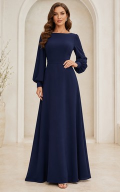 Dunkelblaues, formelles Chiffon-Abendkleid mit U-Boot-Ausschnitt, Glockenärmeln und A-Linien-Form für Empfänge