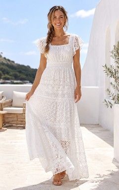 Boho Square Neck Short Sleeve Empire Tiered Lace Garden Dress