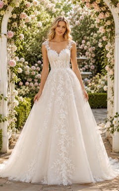 Romantisches A-Linien-Hochzeitskleid aus Spitze mit Spaghettiträgern – romantisches Kleid für eine Gartenhochzeit