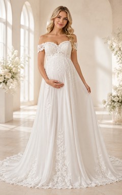 Vestido de novia de maternidad estilo imperio con hombros descubiertos, corte A, tul, encaje y apliques en la cola