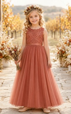 Flower Girl Dress A-Line Papaya Lace Tulle Sleeveless Fall Wedding