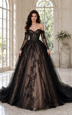 Vestido de novia negro romántico de manga larga con hombros descubiertos y encaje.