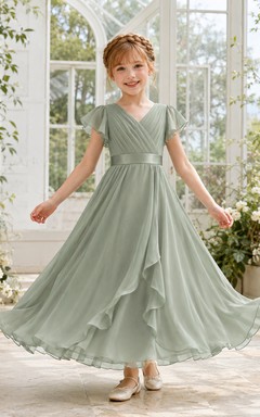 Robe de demoiselle d'honneur en mousseline vert sauge, coupe trapèze, col en V, manches pétales, volants et ruban