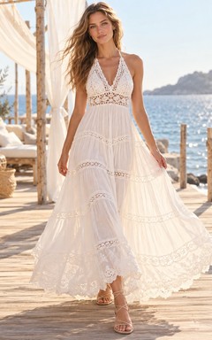 Robe de mariée maxi bohème à dos nu en dentelle à volants et col halter en V