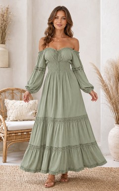 Sage Off-Shoulder Puff Sleeve Crochet Trim Tiered Maxi Dress