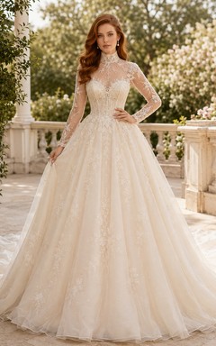 Robe de mariée de bal en tulle à col montant et manches illusion en dentelle longue