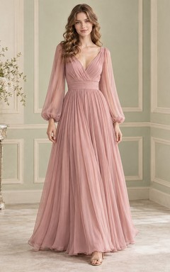 1970s Long Sleeve Dusty Rose V-neck Chiffon Long Prom Dress