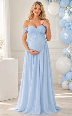 Vestido formal de gasa estilo imperio con hombros descubiertos para baby shower de niño, color azul cielo.