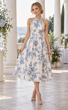 Vestido de fiesta de gasa sin mangas con escote halter y estampado floral en blanco y azul, largo hasta la rodilla, corte en A.