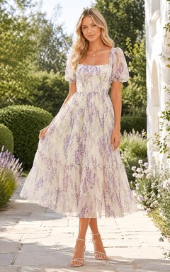 Lavender Field Print Square Neck Puff Sleeve Midi Dress