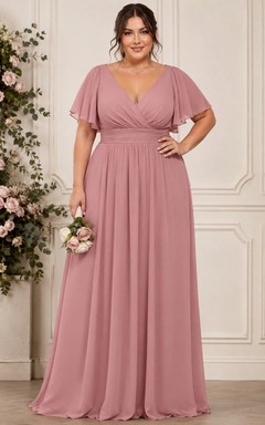 Plus Size Dusty Rose A-Line Chiffon V-Neck Bridesmaid Dress with Flutter Sleeves