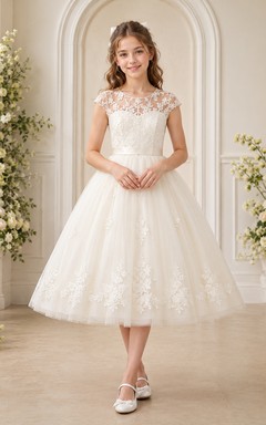 Lace Cap Sleeve Tulle Tea-Length A-Line Floral Garden Flower Girl Dress