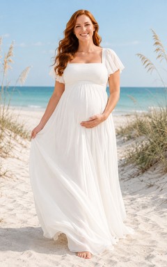 Robe de mariée de maternité pour une escapade à la plage, col carré, manches papillon, en mousseline, coupe empire, trapèze
