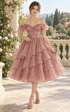 Tea-length Vintage Dusty Rose Off Shoulder Tiered Ruffle Prom Dress