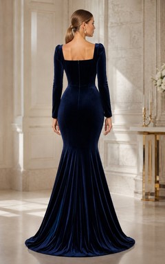 Ink Navy Sexy Luxury Square Long-Sleeve Velvet Draped Mermaid Floor-Length Evening Dress