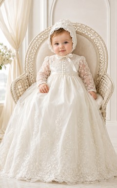 Vestido modesto para ceremonia de bautizo de bebé, corte en A, largo hasta el suelo, cuello joya, manga larga, tul, cinta de encaje, fajín con botones en la espalda.