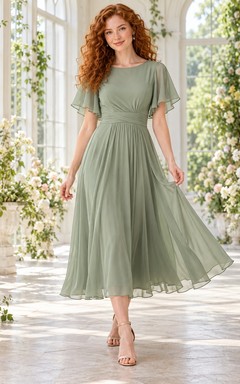 Tea-length Simple Sage Bateau Flutter Sleeve Pleated Wedding Guest Dress