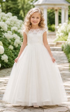 Spitzen-Cap-Ärmel-Tüll-A-Linien-Kleid für Blumenmädchen, knöchellang, Illusion-Effekt