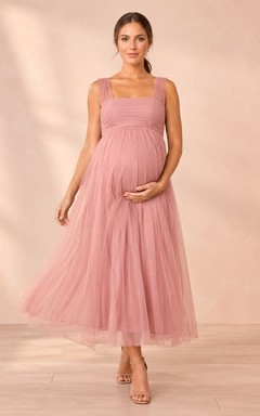 Blushing Pink Square Neck Sleeveless Empire Maternity Chiffon Tea-Length Dress