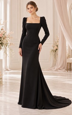 Black Simple Square Neck Long Sleeve Mermaid Bridal Wedding Dress