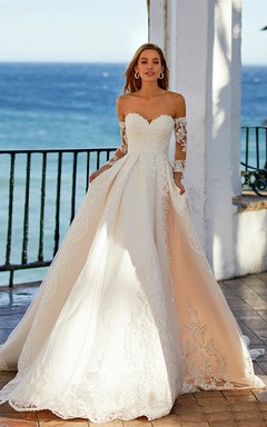 Off-the-shoulder Illusion Long Sleeve Ball Gown Lace Wedding Dress