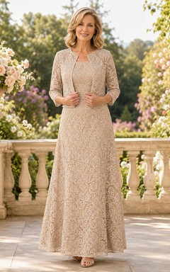 Champagne Modest Lace A-Line Floor-Length Mother of the Bride Dress with Three-Quarter Bolero Jacket