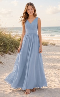 Stahlblaues Brautjungfernkleid für junge Damen, A-Linie, V-Ausschnitt, ärmellos, mit Falten, romantisch