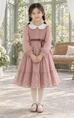 Tea-length Long Sleeve Vintage Rose A-Line Tulle Pintucked Peter-Pan-Collar Flowergirl Dress