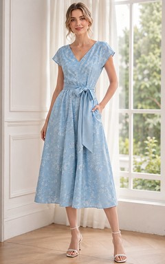 Sky Blue Floral V-Neck Short Sleeve Chiffon A-Line Tea-Length Sash Dress