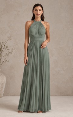 Dusty Green Chiffon Halter Pleated A-line Floor-length Dress