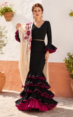 Haut court noir à col en V et manches longues évasées, ensemble flamenco deux pièces fuchsia à volants sirène
