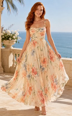 Peach Watercolor Floral Spaghetti Strap Resort Maxi Dress