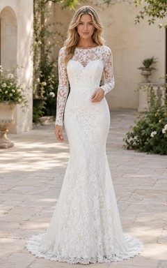 Robe de mariée sirène romantique à manches longues en dentelle et décolleté bateau