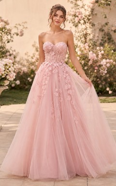 Vestido de gala largo color rosa sin tirantes con apliques de tul y escote corazón, Perú Promoción