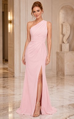 Blush Asymmetric Slit One-Shoulder Mermaid Floor-Length Jersey Sexy Prom Gown