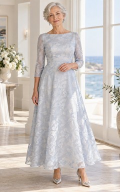 Elegantes Brautkleid in A-Linie mit U-Boot-Ausschnitt, knöchellang, floralem Jacquardmuster und Dreiviertelärmeln für ältere Bräute