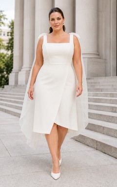 Robe de mariée grande taille en satin, col carré, longueur thé, avec cape en tulle