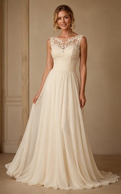 Robe de bal longue en mousseline élégante sans manches, ornée d'appliqués de dentelle.