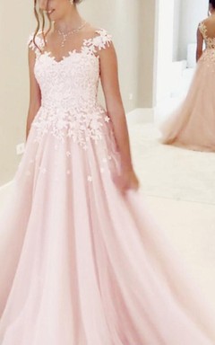 A-Linien-Kleid aus Spitze, Tüllträgern, V-Ausschnitt, kurzen Ärmeln, Reißverschluss und Illusion-Effekt