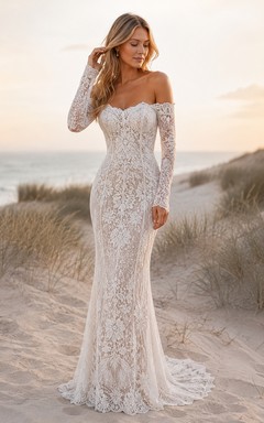Hochzeitskleid im Meerjungfrauenstil aus Spitze mit schulterfreien, langen Ärmeln und Schleppe