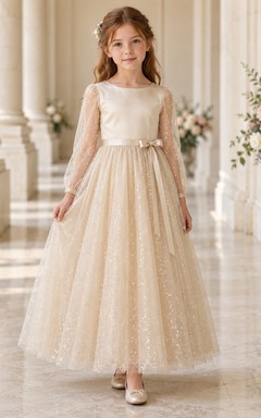 Long-Sleeve Champagne A-line Tulle Ankle-length Sparkling Satin-bodice Side-bow Flower Girl Dress