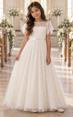 Elfenbeinfarbenes A-Linien-Kleid aus Tüll mit Punkten, bodenlang, mit Illusionseffekt, flatternden Ärmeln und Schleife am Rücken für Blumenmädchen